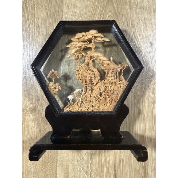 Asian Antique Cork Sculpture Pagoda Trees Cranes Glass Black Lacquer Wood Frame - Picture 2 of 6